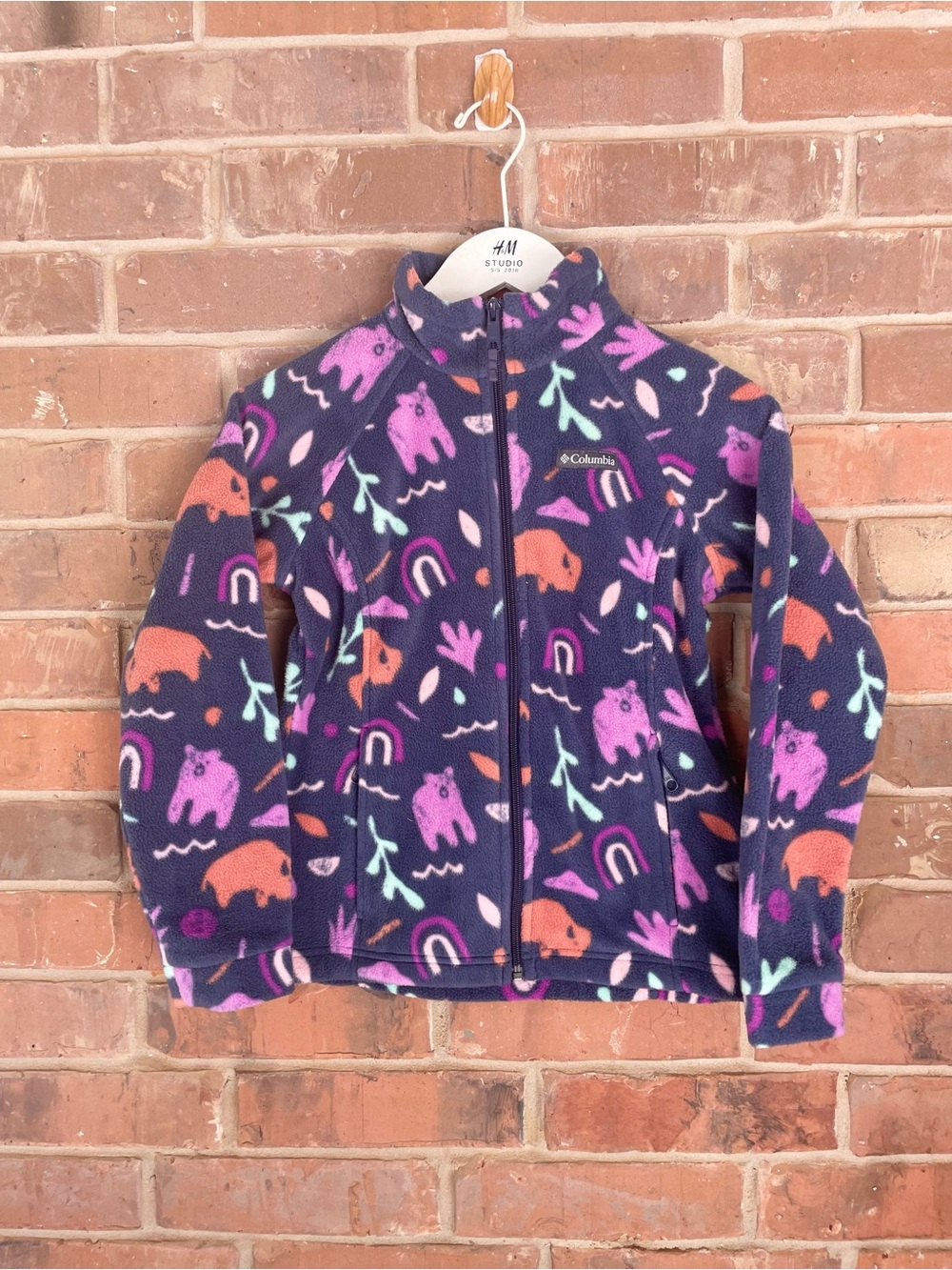 Columbia Girls' Navy Purple Bear Print Fleece Jacket Medium